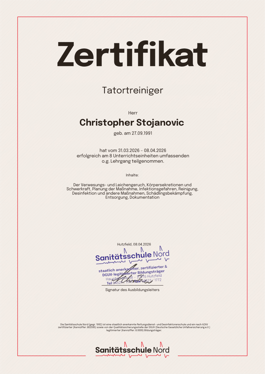 Zertifikat Tatortreiniger Sanitätsschule Nord